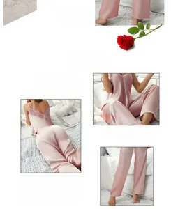 Detail of satin pajama set with floral lace patchwork and elegant spaghetti straps