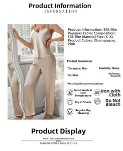 Detailed view of champagne silk pajamas with lace trim and adjustable spaghetti straps