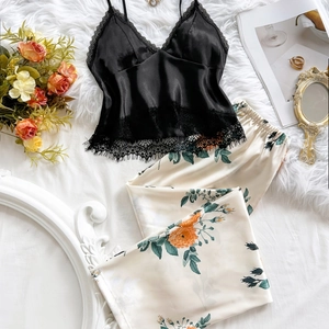 Women French Sexy Lace Trim Satin Pajama Set Floral Print Cami Top And Long Pants Lounge Sleepwear For Summer