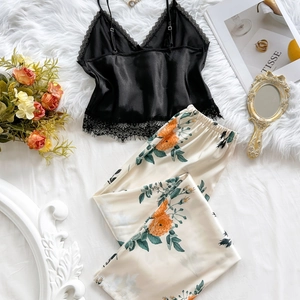 Lace trim satin camisole set with floral trousers for women's elegant loungewear