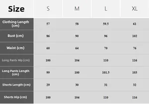Detailed size chart for ice silk pajama set including top, pants, and shorts measurements