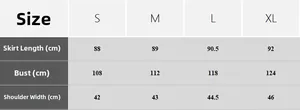 Size chart for satin nightgown showing S to XL measurements for length, bust, and shoulders