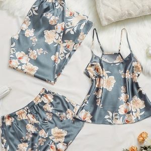 Ensemble Pyjama Satin Floral Femme Camisole Shorts Et Pantalons Vêtements de Nuit Polyester Imprimé Tenue de Maison