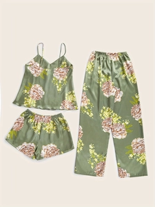 Flat lay of olive green ice silk 3-piece pajama set with elegant floral print