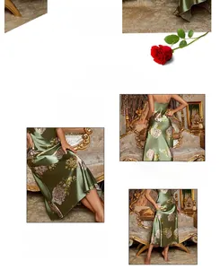 Detailed close-up of olive green satin nightgown with floral print and silk texture