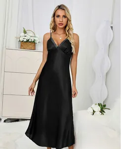 Close-up of black satin long nightgown featuring delicate grey lace neckline trim