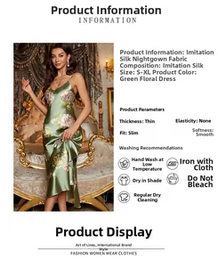 Detail showing high-quality satin fabric properties and sizing guide for green floral nightgown