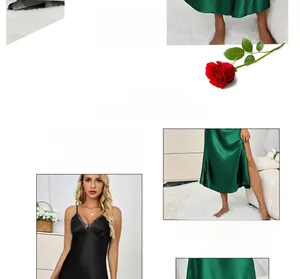Detailed view of women's silk satin nightgown with elegant V-neck and lace patchwork trim