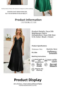 Detailed view of silky V-neck slip nightgown with thin straps and smooth satin texture