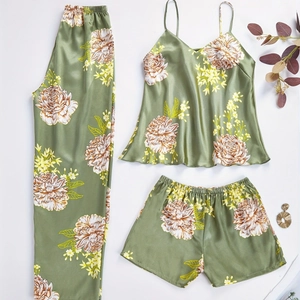 Women Satin Floral Pajama Cami Top Long Pants And Shorts V Neck Sleeveless Sleepwear Loungewear Elegant Nightwear