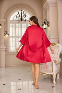 Rear view of a luxurious red satin bathrobe with a matching tie in a classic interior