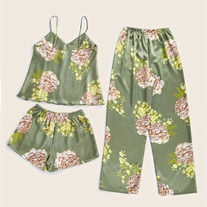 Three-piece women's ice silk pajama set with olive green floral print camisole and pants