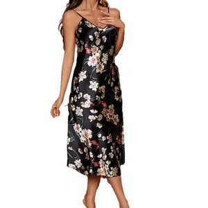 Elegant black floral satin slip nightgown with thin straps and deep V-neckline