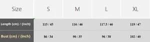Size chart showing dress length and bust measurements in centimeters and inches for ice silk dress