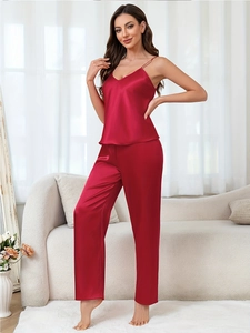 Elegant red satin pajama set with V-neck camisole top and trousers for women's sleepwear
