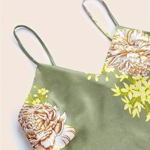 Green ice silk 3-piece pajama set with elegant floral print and delicate V-neck straps