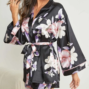 Peignoir kimono en satin fleuri pour femme avec ceinture et manches larges