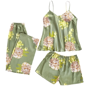 Three-piece olive green floral ice silk sleepwear set with camisole, pants, and shorts