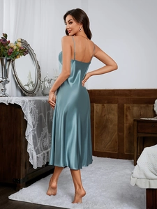 Detailed back view of a satin slip nightgown featuring thin straps and backless cut
