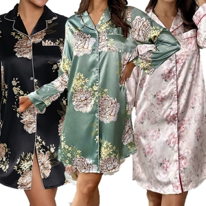 Camicia da Notte in Satin con Stampa Floreale da Donna Manica Lunga con Bottoni Collo a Revers Pigiama Elegante