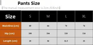 Detailed size guide for silk satin sleepwear shorts showing S to XL dimensions in cm