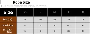 Tableau des tailles détaillé pour peignoir en soie glacée avec mesures du buste