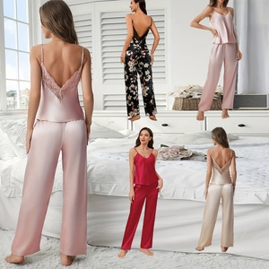 Women Satin Pajamas Top And Bottom Elegant Lace Trim V Neck Spaghetti Strap Backless Sleepwear Comfortable Loungewear Suit