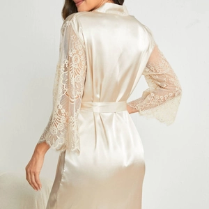 Elegant champagne satin robe with floral lace sleeves and waist tie for women