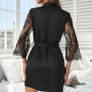 Elegant black satin robe for women featuring lace trim bell sleeves and waist tie belt