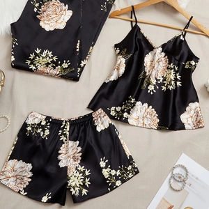 Women Elegant Floral Print Satin Pajamas Cami Top Shorts And Long Pants Breathable Soft Sleepwear Loungewear Home Set