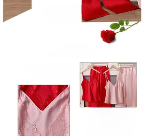 Detail of red and pink ice silk pajamas featuring V-neck lace trim and satin texture