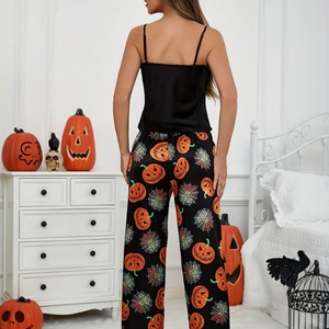 Set pigiama di Halloween da donna con stampa di zucca e pantaloni a gamba larga