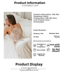 Détails exquis du dos du pyjama en soie champagne avec broderie en dentelle blanche