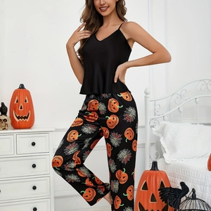 Pigiama di Halloween da donna con canotta scollo a V e pantaloni con stampa zucca e ragnatela