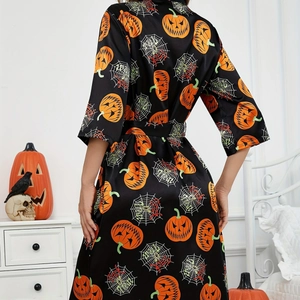 Women's Halloween pumpkin print satin robe with spider web patterns and waist belt
