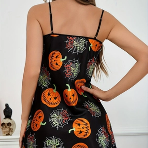 Haut de pyjama en satin pour femmes avec imprimé citrouille et motifs Halloween