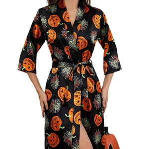 Women's black satin Halloween kimono robe with pumpkin and spider web prints