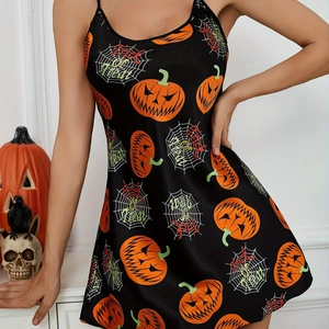 Robe nuisette d'Halloween pour femme avec imprimés citrouilles sur satin noir brillant