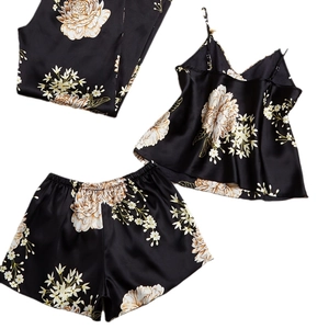 Women silk satin three-piece floral pajama set with camisole and shorts in black and cream