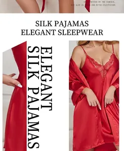 Detailed view of red silk satin sleepwear set with lace trim V-neck dress and belted robe