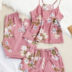 Femmes Caraco en Satin Floral Pantalons Et Shorts Pyjama d'Été Respirant Élégant Imprimé Lys Loungewear