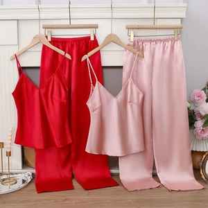 Women Satin Pajama Set Lace V Neck Camisole Top And Long Pants Red Pink Silk Look Sleepwear Loungewear