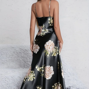 Women's floral satin nightgown, sleeveless backless sleepwear in elegant black finish