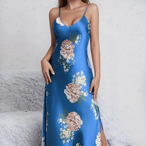 Elegant blue floral satin nightgown with deep V-neck and high side slit for women