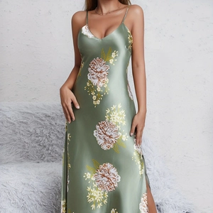 Women's floral satin nightgown in sage green with V-neck and elegant side slit