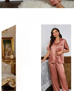 Elegant pink silk pajama set with short-sleeve shirt and pants for luxury loungewear