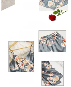 Detail view of floral satin sleepwear showing V-neckline and orange blossom print