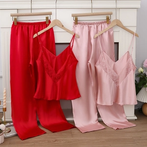 Lace trim ice silk camisole and pants pajamas set for women in red and pink
