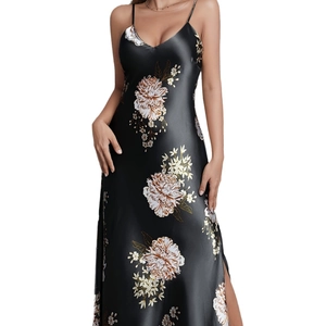 Women's black floral satin nightgown with sleeveless V-neck and side slit design