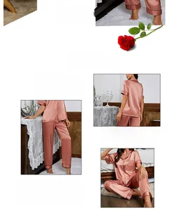 Detail of rose gold satin pajamas with short-sleeve button-up top and matching pants